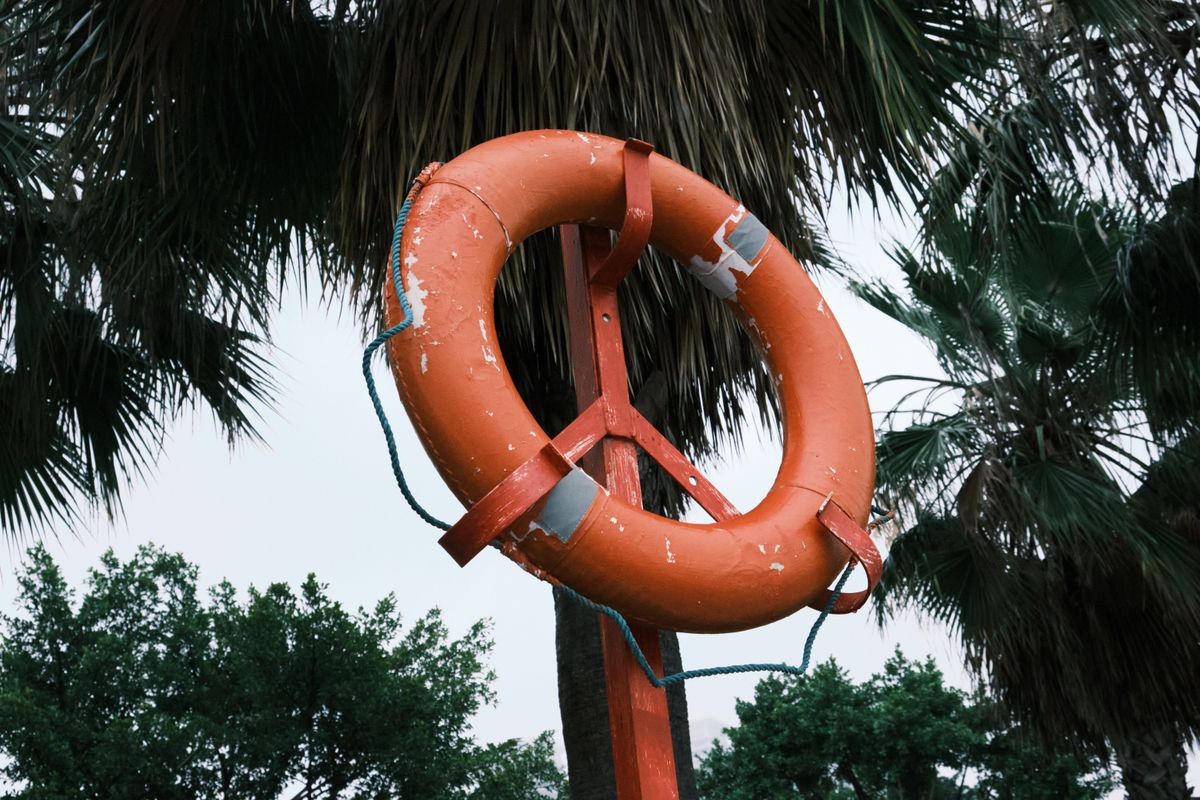 A weathered orange lifebuoy hangs on a metal post against a backdrop of palm trees.