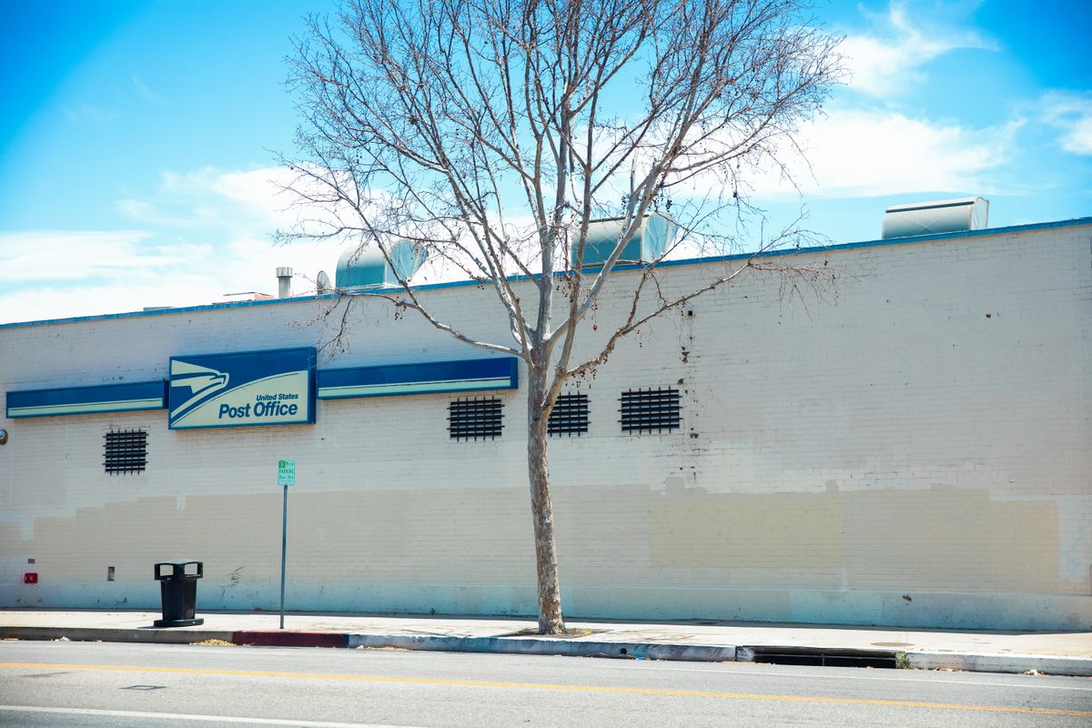 USPS Adds New Safety Measures at Georgia Facility After Four Employee Deaths Raise Questions 2 Bare tree outside a post office in Los Angeles on a bright day, showcasing urban architecture.