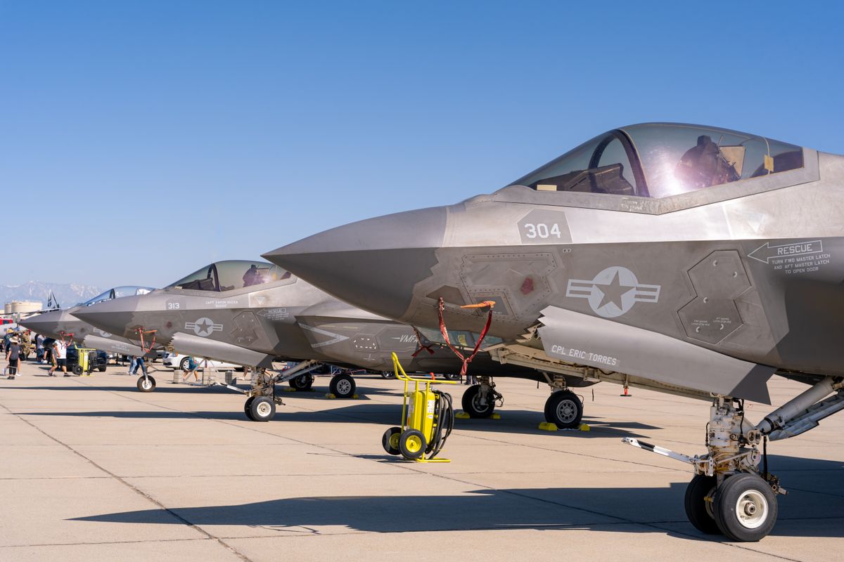 Close-up view of F-35 fighter jets aligned on March Air Reserve Base runway.