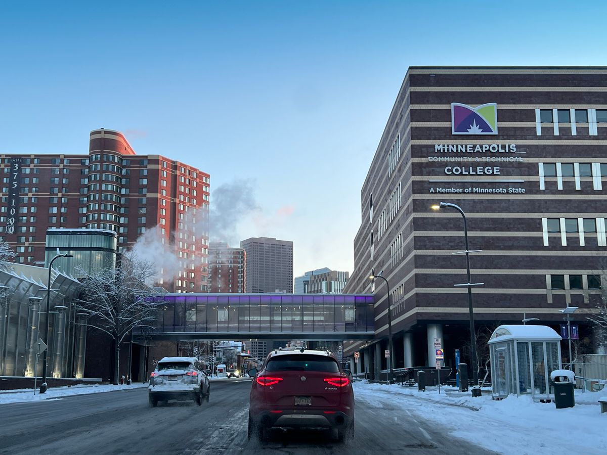 Trump Rejects Iran Link to Minnesota Water Cyberattacks and Blames State Leadership 2 Snowy city street view featuring Minneapolis College and surrounding buildings in winter.
