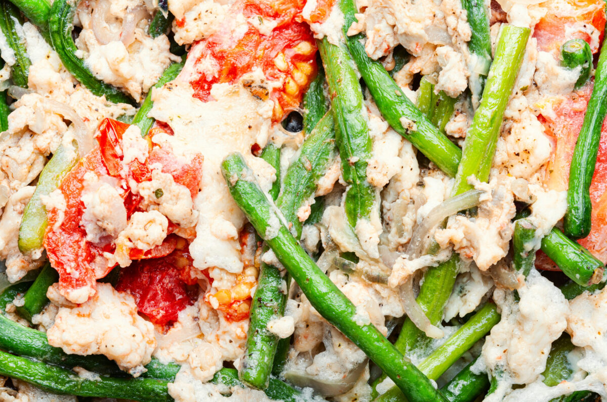 Protein scrambled eggs with asparagus beans. Fried eggs with vegetables.Vegetarian food