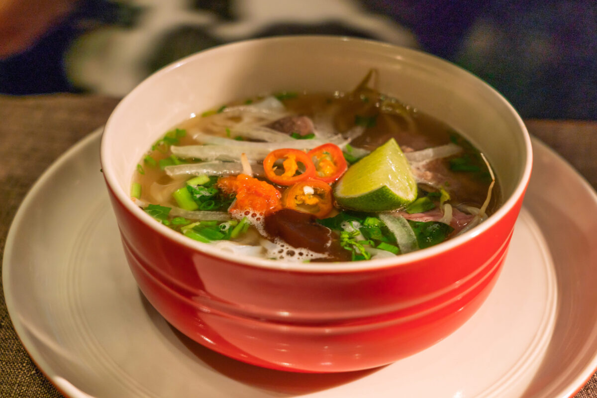 Close up of delicious bowl of Pho in Asian restaurant