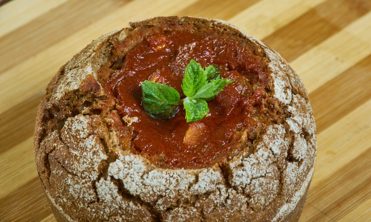 Tomato Soup in  Bread Bowls  , creamy goat cheese tomato soup