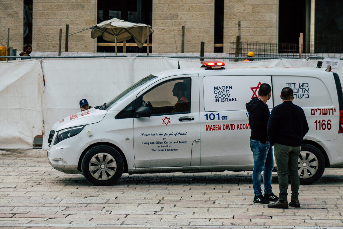 Jerusalem Israel December 12, 2019 View of a Israeli ambulance rolling front the Western Wall at the Old city of Jerusalem in the morning