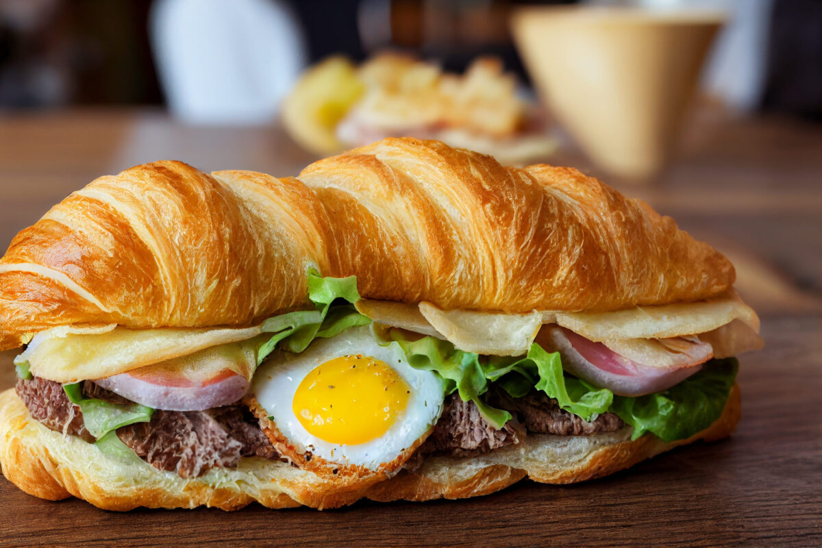 Vertical shot of Delicious meat sandwich with tasty egg