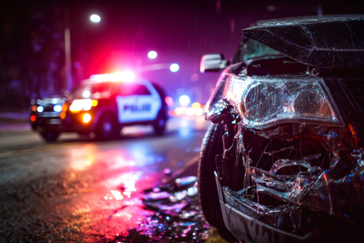 A wrecked car lies on a dimly lit street as flashing police lights cast eerie reflections, capturing a tense nighttime aftermath of an urban collision.