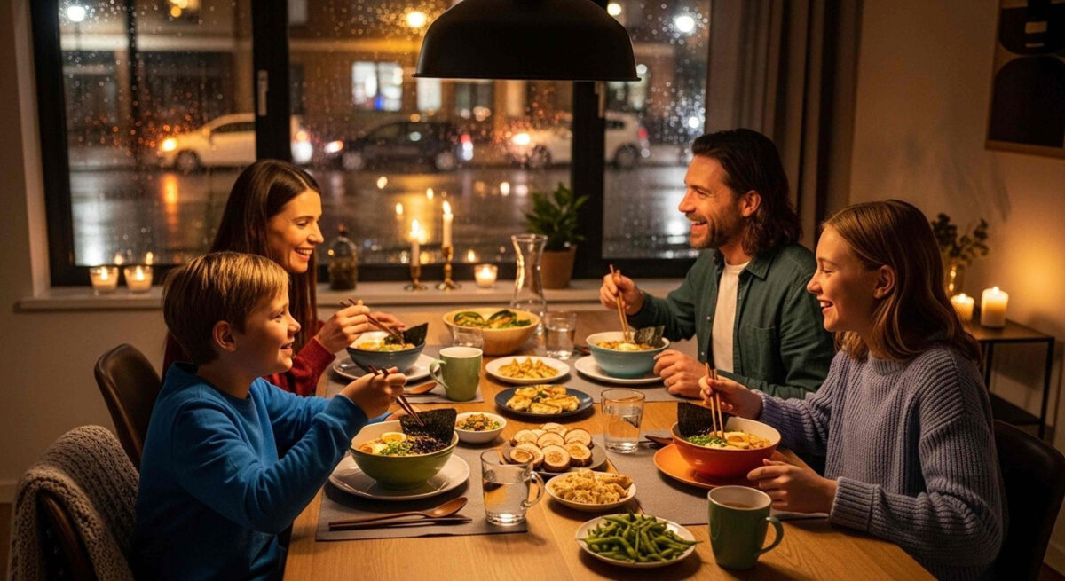 A family of four enjoys a meal together at a dinner table by a window on a rainy evening