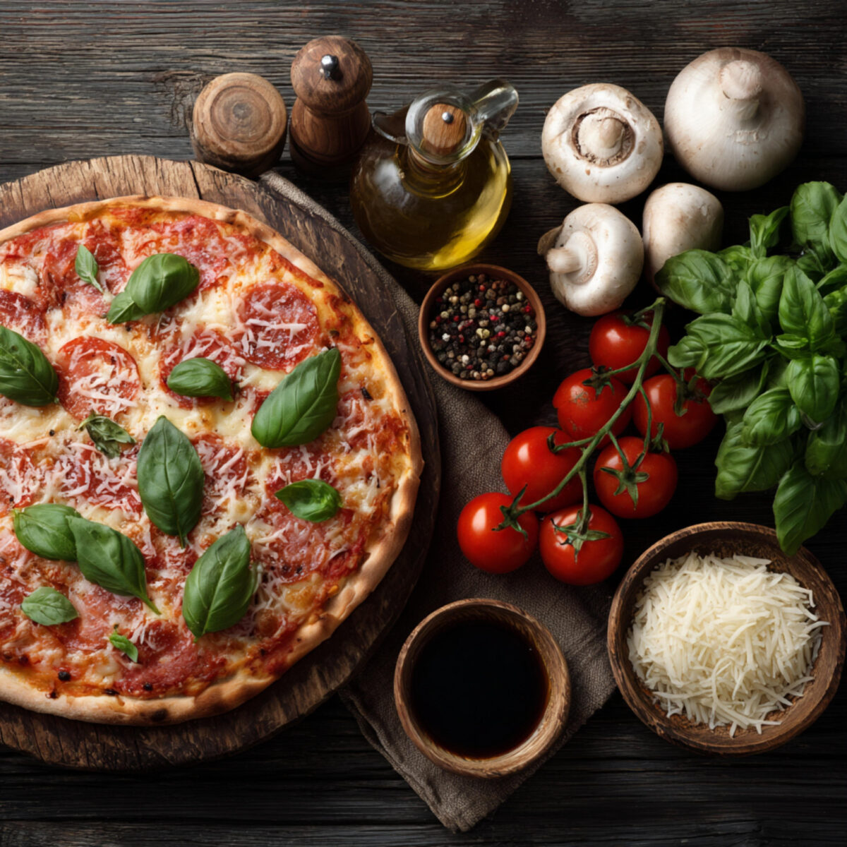 Pizza with mozzarella cheese, tomatoes, basil and mushrooms on wooden background