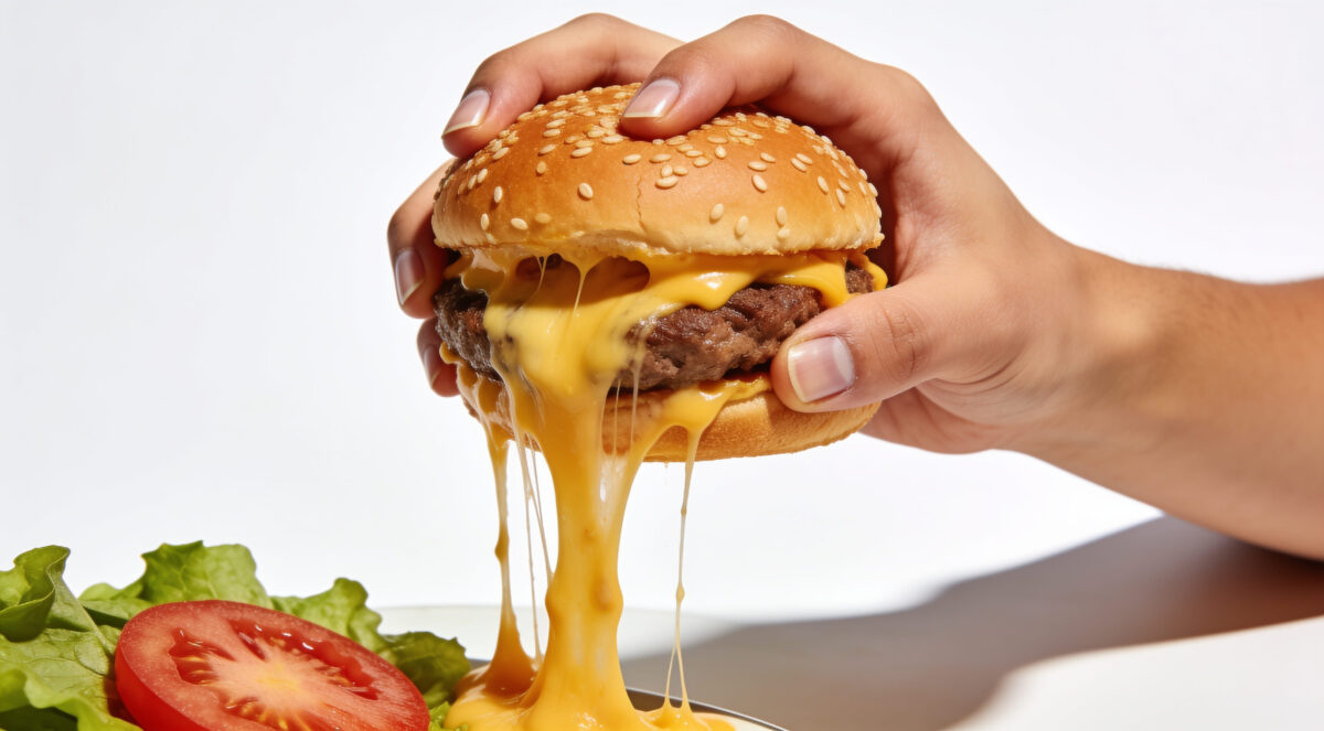 Hand holding juicy cheeseburger with melted cheese dripping for National Cheeseburger Day
