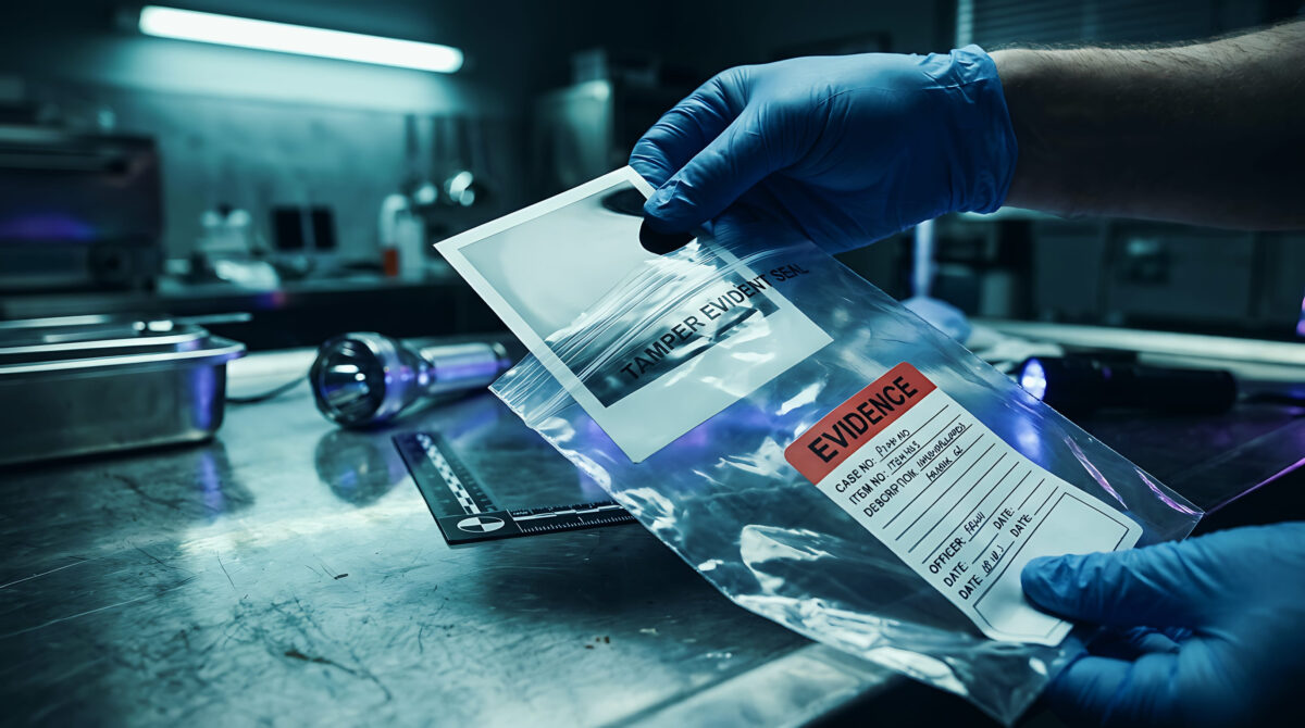 Police Seek Four People After Break-In at Former Trinity Christian College Residence Hall 3 A pair of blue gloved hands holding a biohazard bag with a sample in a laboratory setting