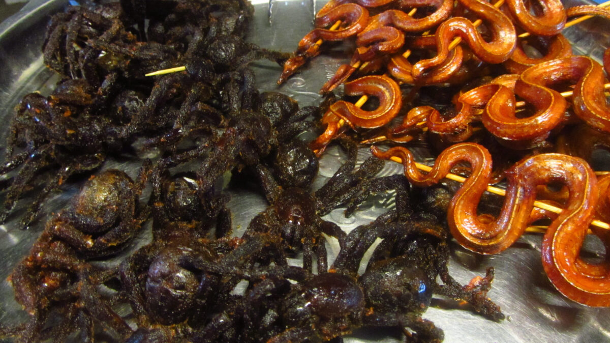 Deep Fried Tarantula and Barbecued Snake on a Stick in Cambodia