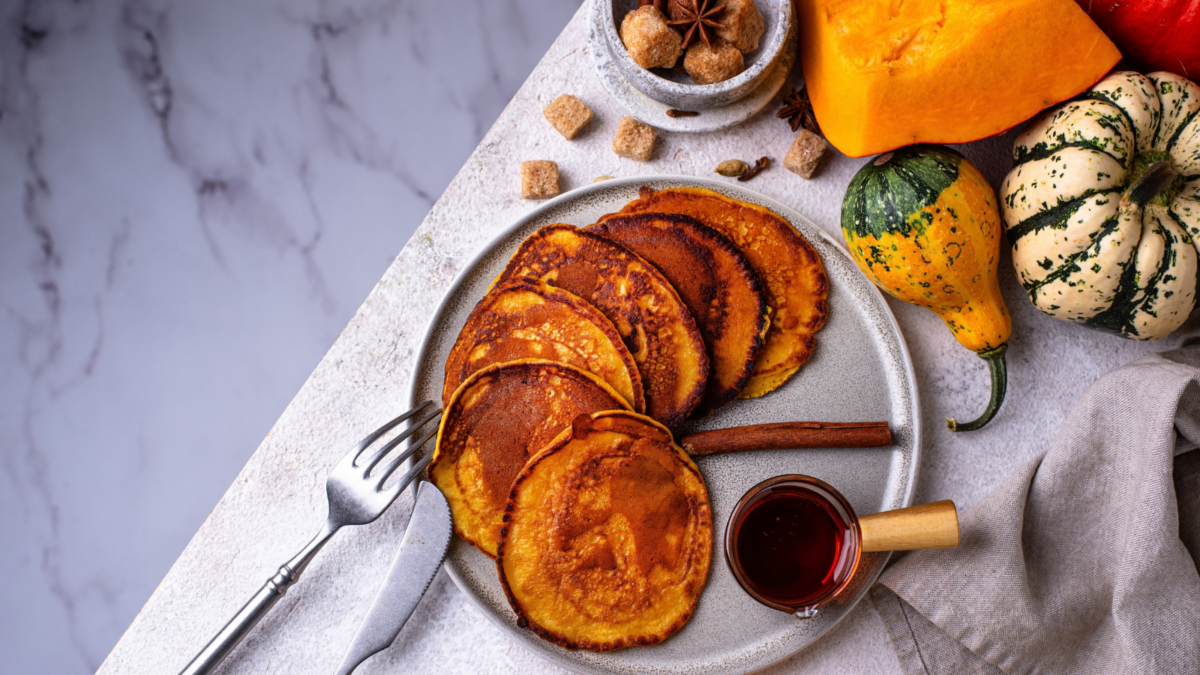 Pumpkin pancakes with maple syrup