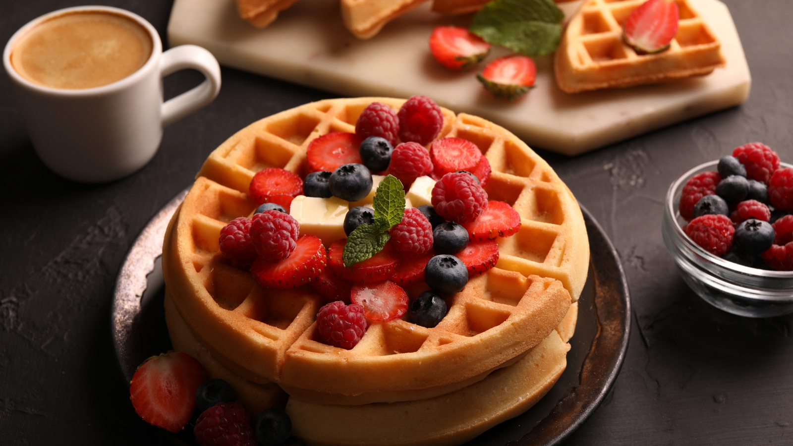 Tasty Belgian waffles with fresh berries, cheese and cup of coffee on black table