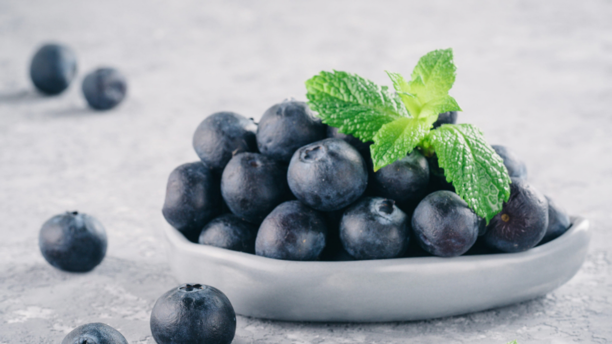 A delectable display of fresh blueberries nestled in a sleek gray dish, garnished with vibrant mint leaves
