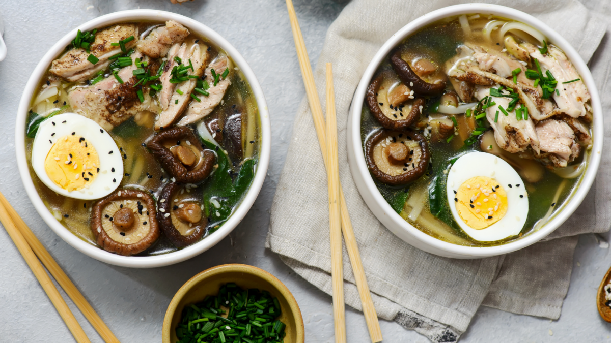 soup with chicken, shiitake mushrooms, spinach and egg