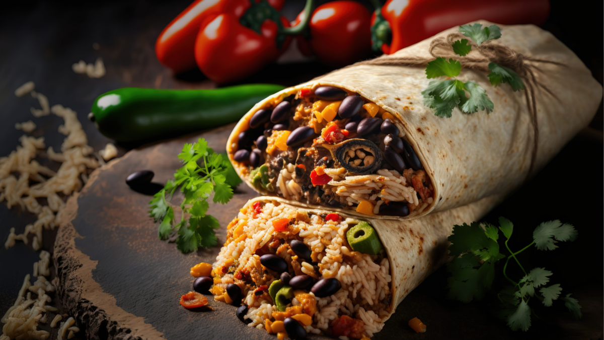 Mexican burrito with meat, beans and vegetables on wooden background