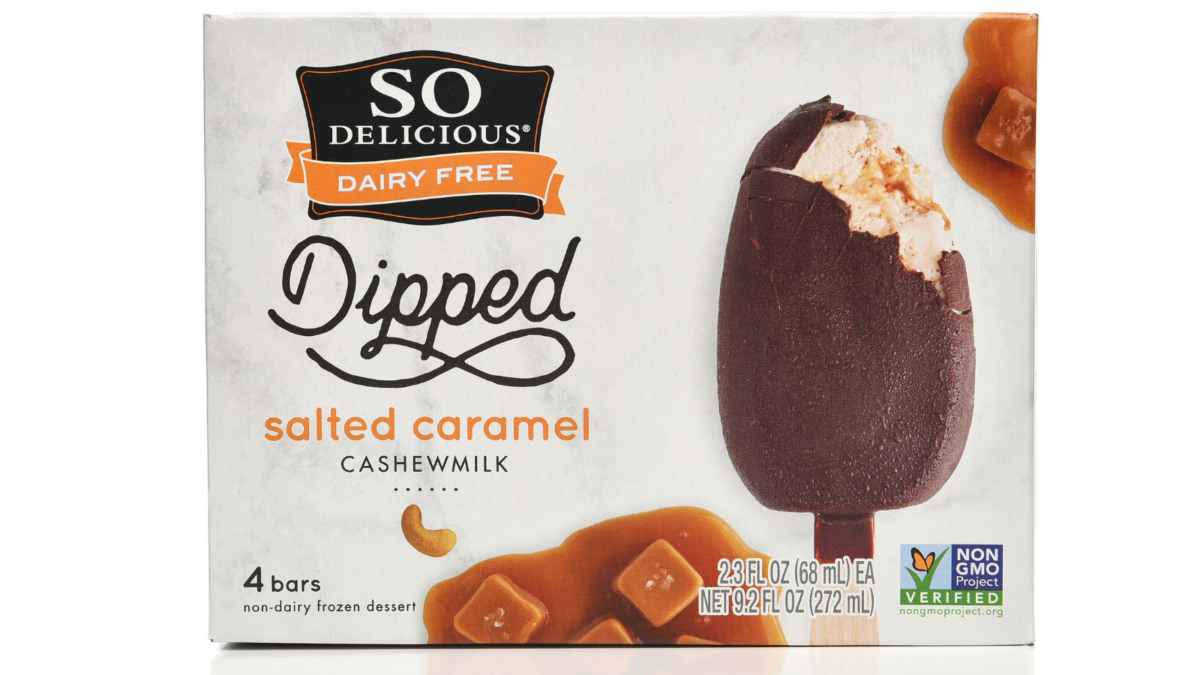 A box of So Delicious Dairy Free Dipped Salted Caramel Cashewmilk Bars