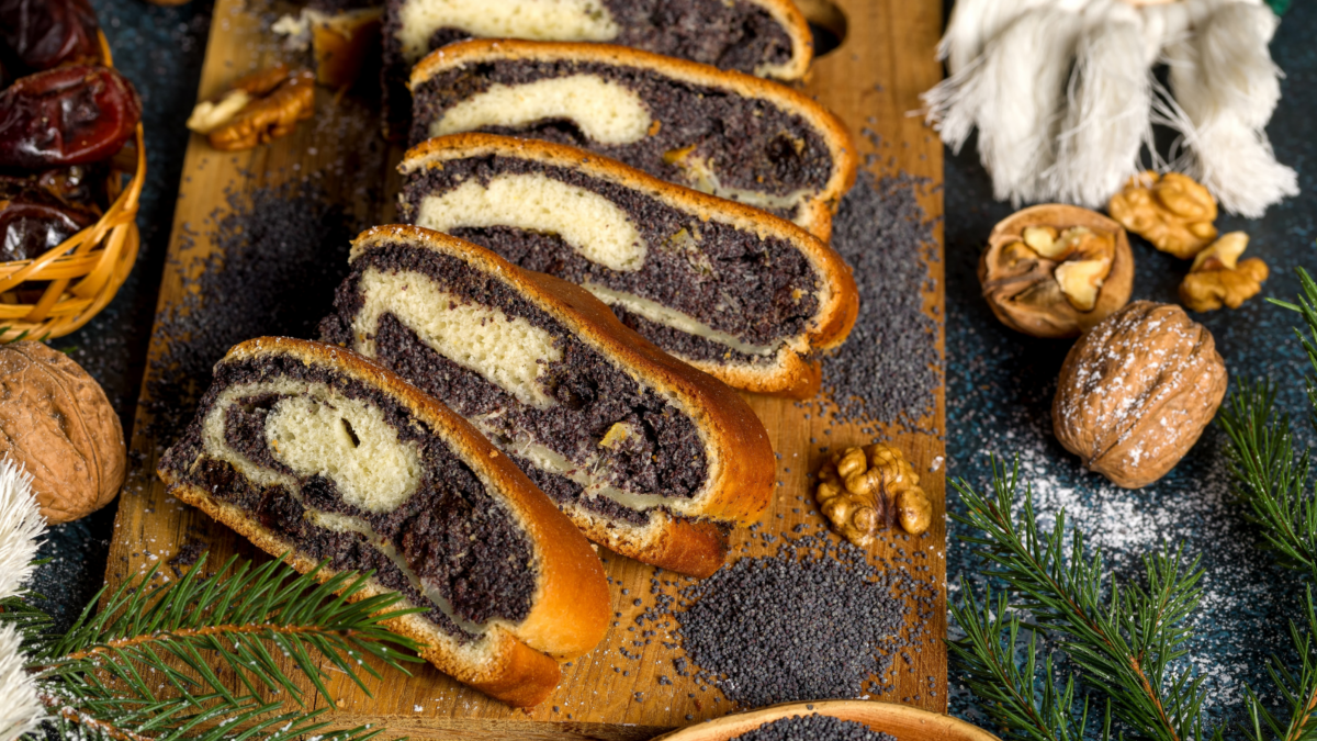 Traditional poppy seed cake. Sliced poppy seed roll