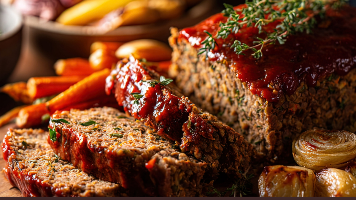 Homemade Meatloaf with Glazed Vegetables and Fresh Herbs