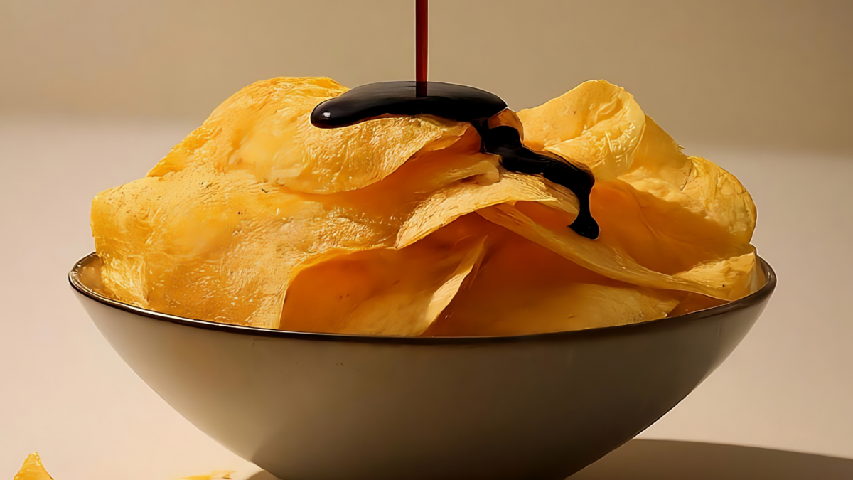  tasty natural chips in bowl with liquid soy sauce falling over the chips