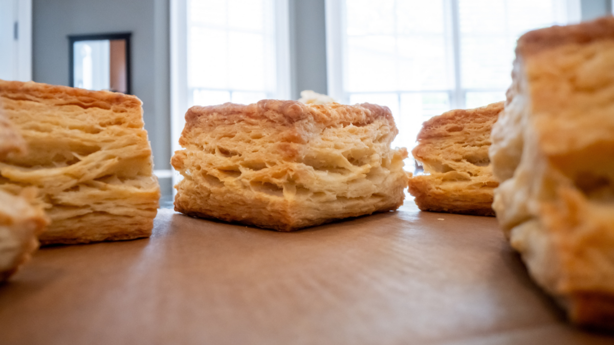 Layers of Flaky Square Biscuits from low angle