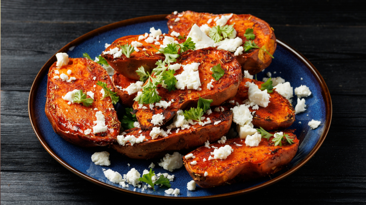 Oven Roasted Sweet Potatoes with Crumbled Feta and Fresh Parsley