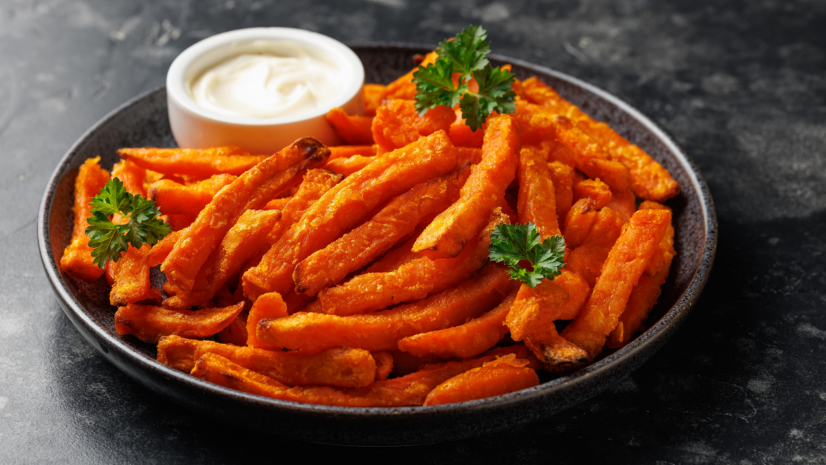 Homemade sweet potato fries with mayo, homemade roasted in the air fryer