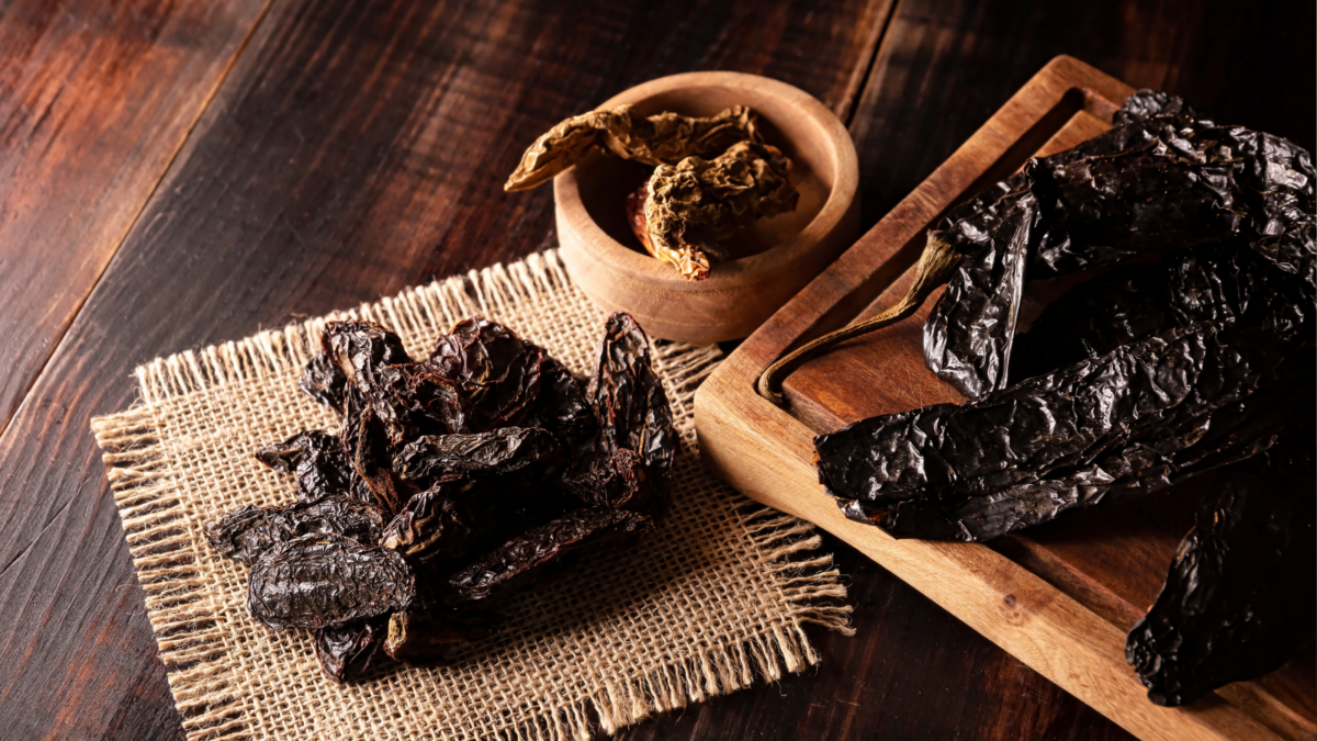 Variety of mexican dried chili. Chile Morita, Chipotle and Pasilla.