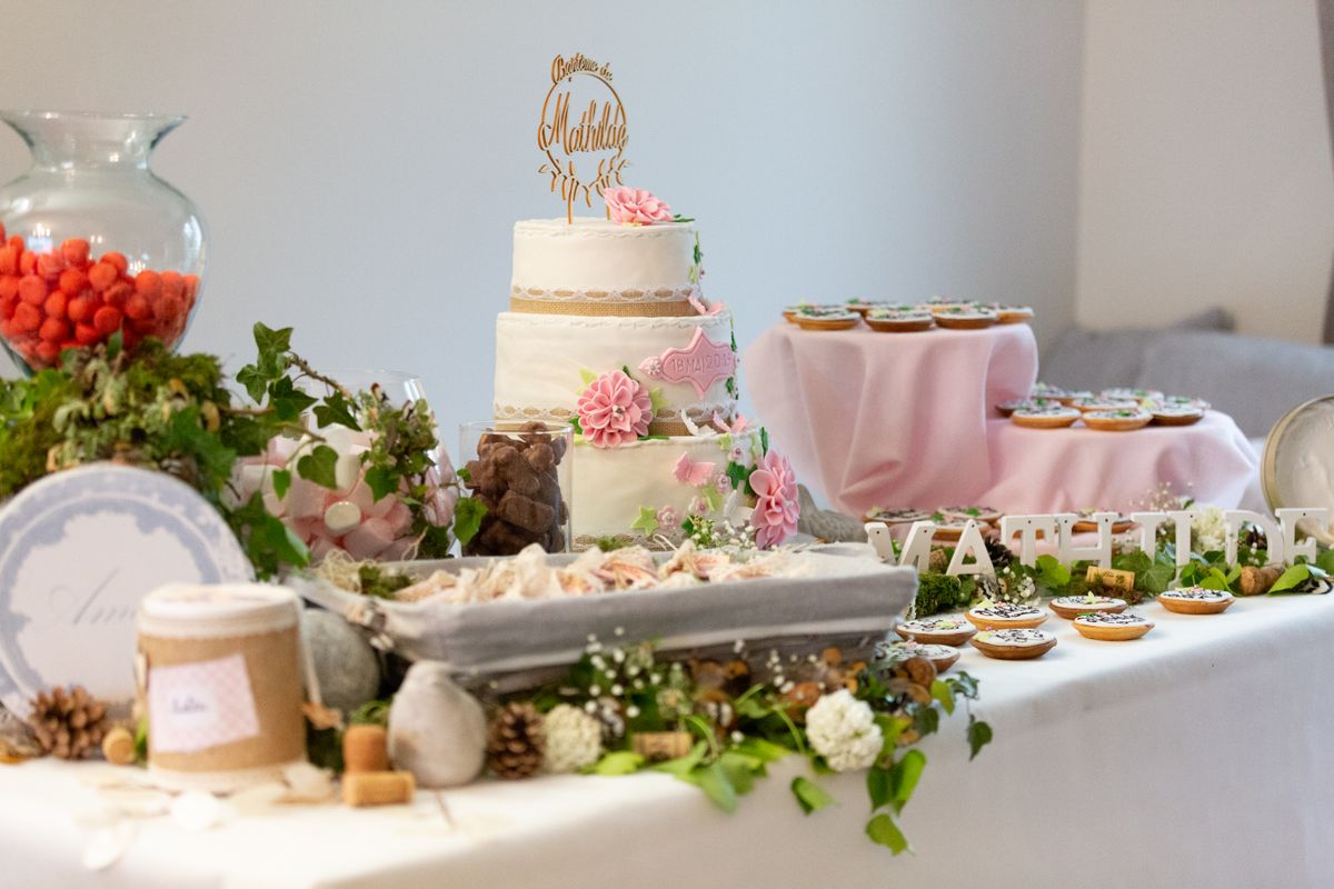 A beautifully decorated dessert table featuring a floral wedding cake and various sweets, perfect for celebrations.