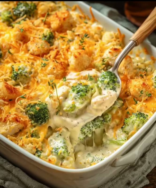A close-up of a creamy chicken and broccoli cheese casserole in a white baking dish, topped with melted golden cheddar cheese and crispy croutons, with a spoon lifting a cheesy portion