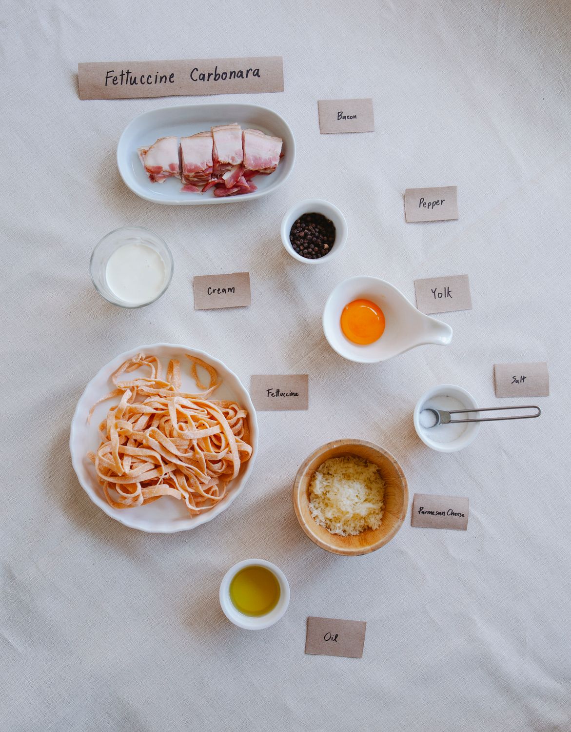 Udon Carbonara Is the Creamy Noodle Mash-Up Everyone Wants to Try 1 Flat lay of fettuccine carbonara ingredients including bacon, cream, and Parmesan cheese.