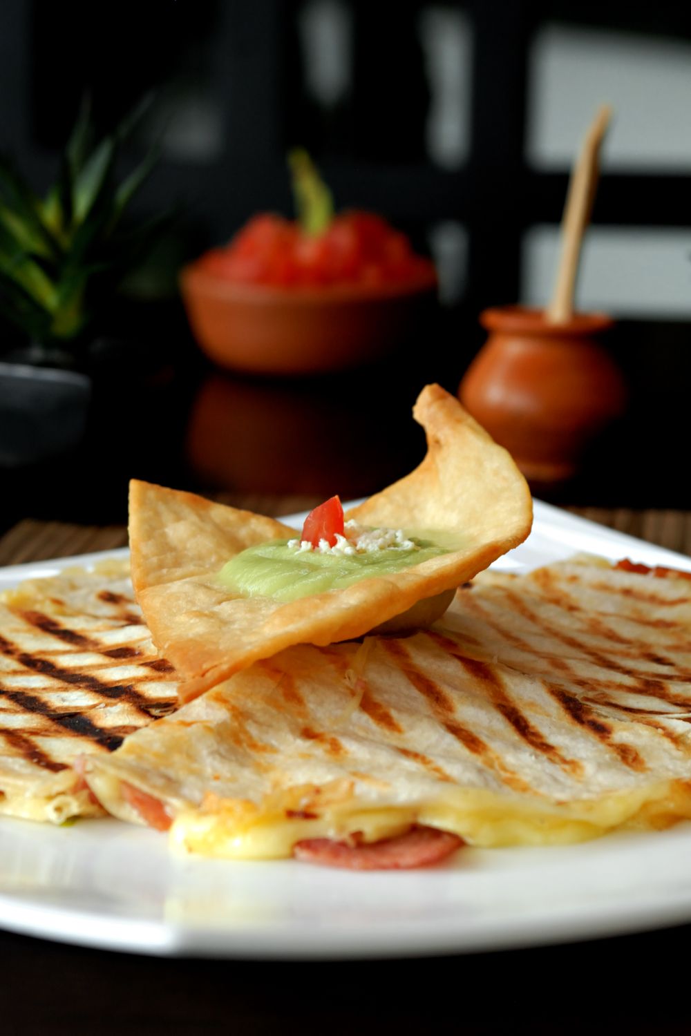 Grilled quesadillas served with salsa and guacamole, showcasing authentic Mexican flavors.