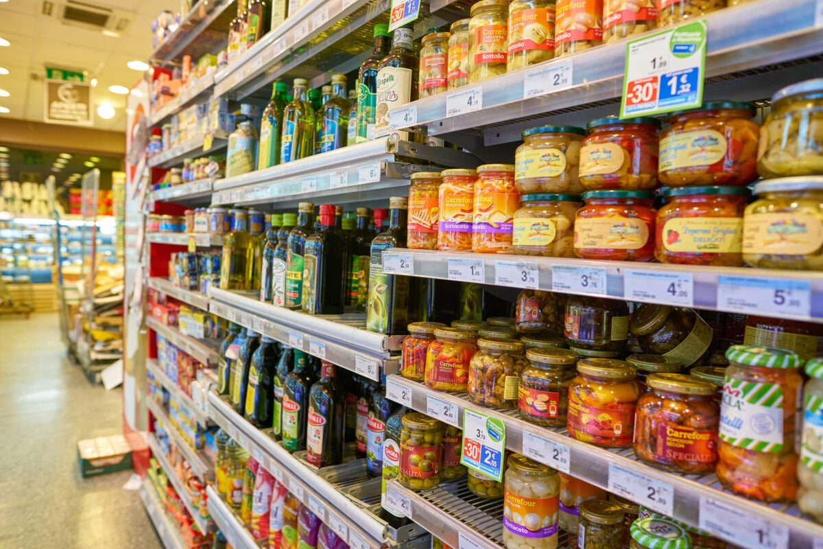 MILAN, ITALY - CIRCA NOVEMBER, 2017: assortment of food on display for sale at supermarket in Milan.