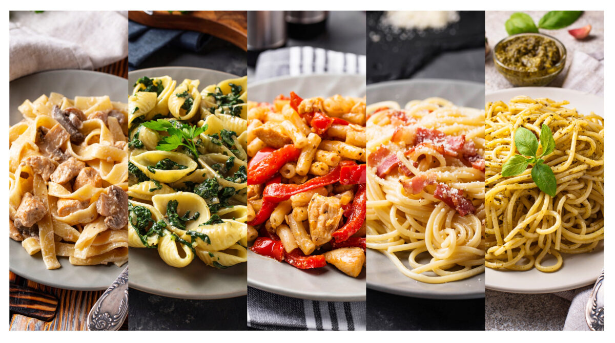 Collage with different pasta dish. Conchiglioni with spinach, spaghetti with pesto sauce, carbonara and tagliatelle with mushroom.