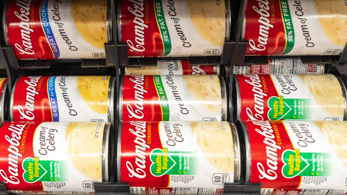 August 29, 2019 Sunnyvale / CA / USA -Close up of tin cans of CampbellaEUR(TM)s soup for sale in a supermarket; Campbell's Soup Company was founded in 1869 and now sells products in 120 countries