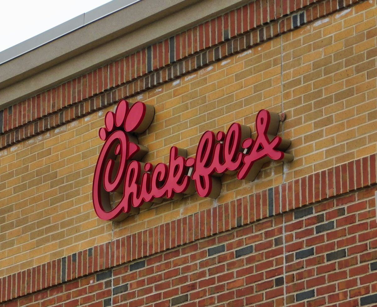 Close up view of the Chick=fil-A restaurant logo, at Belmont Shopping Center in Lancaster, Pennsylvania