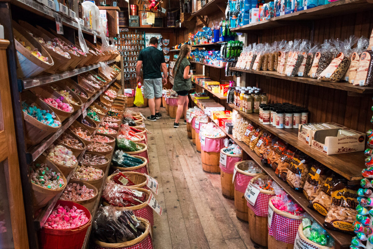 Aisle of snacks and candy at a general store in Frakenmuth Michigan