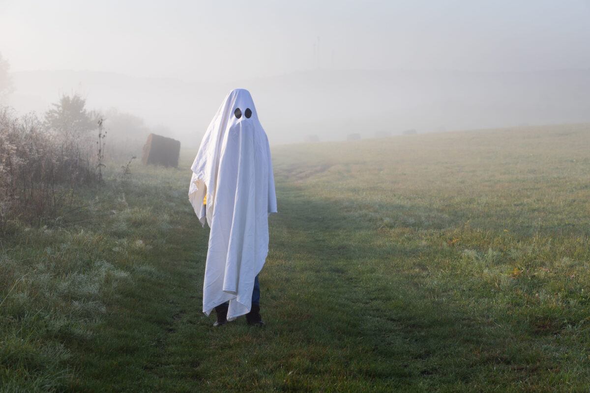 halloween ghost in foggy landscape