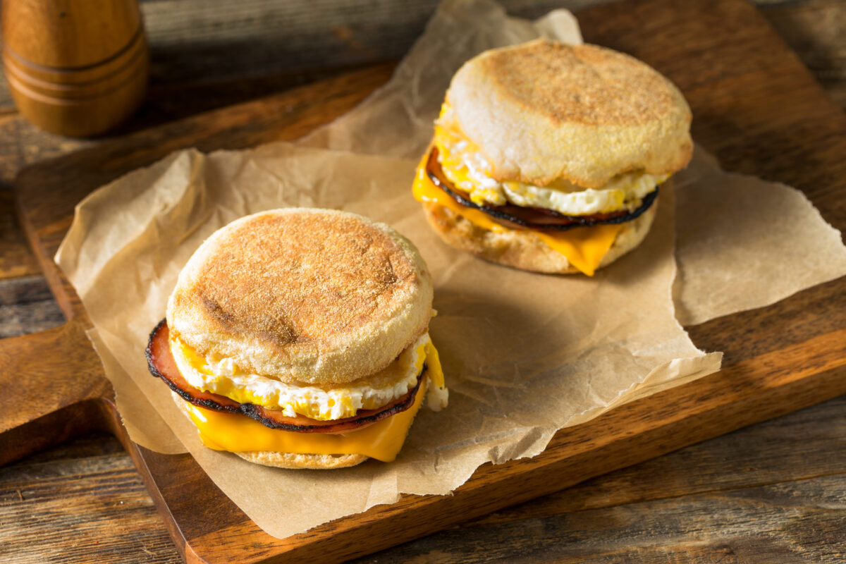 Homemade Egg English Muffin Sandwich with Bacon and Cheese