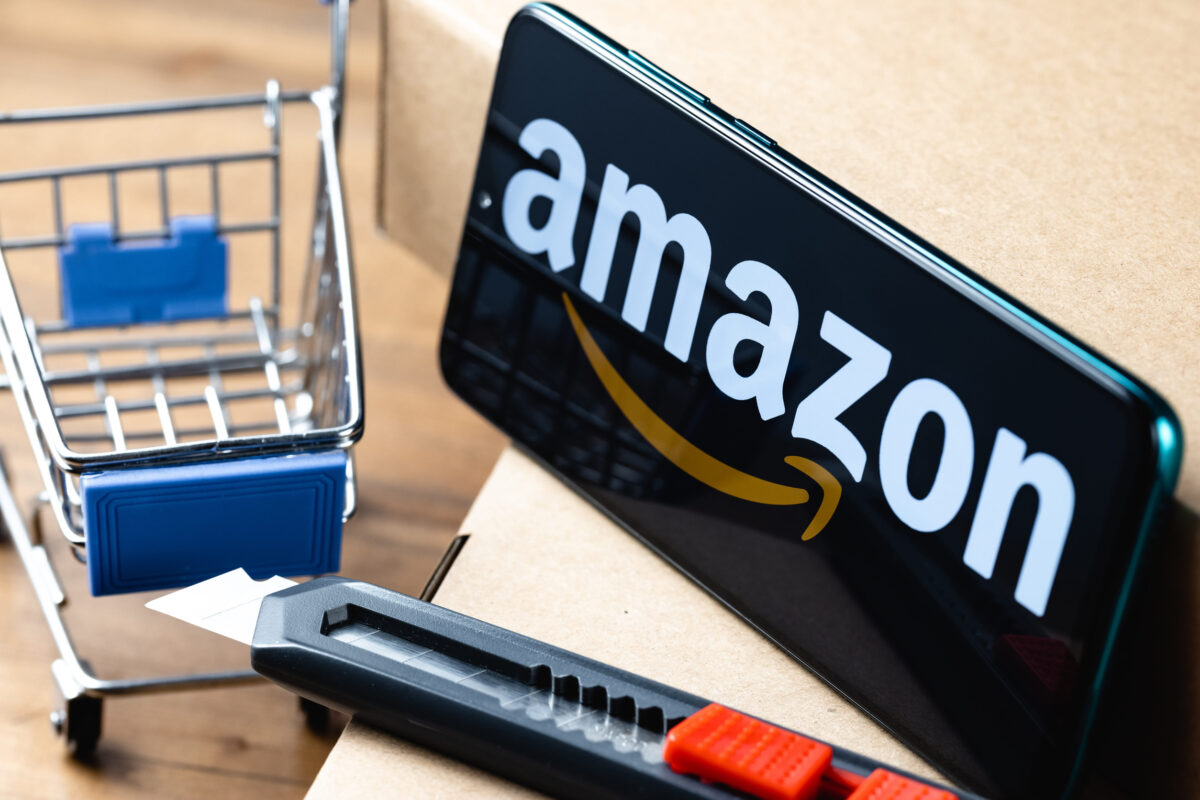 Kazan, Russia - May 14, 2021: Amazon is an American multinational technology company, which focuses on e-commerce, cloud computing, digital streaming, and artificial intelligence.