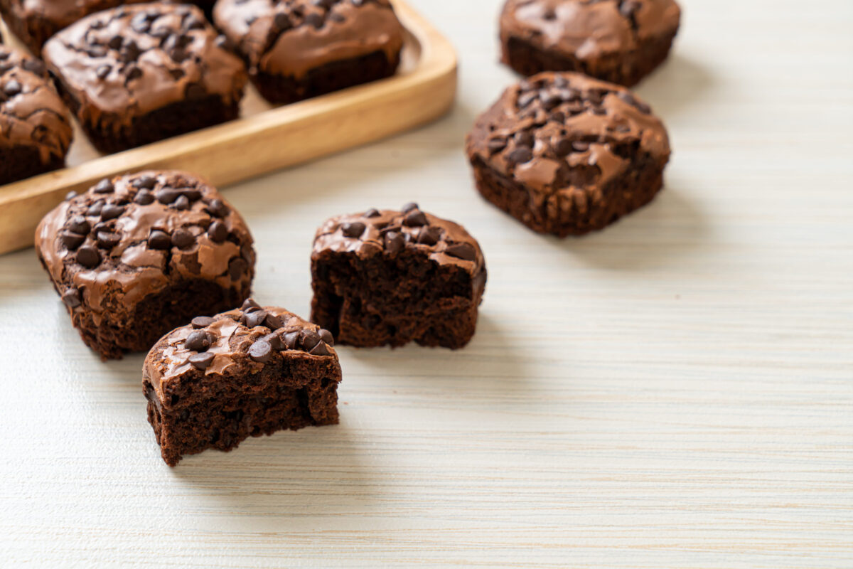 dark chocolate brownies with chocolate chips on top
