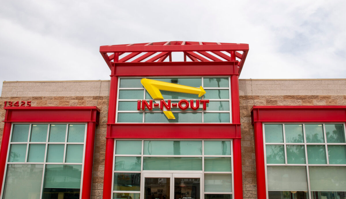 Los Angeles, California, USA - 15 May 2022: Front view of an In N Out fast food restaurant in California.