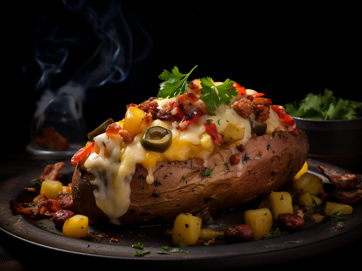Baked potato with bacon, cheese and vegetables on a dark background