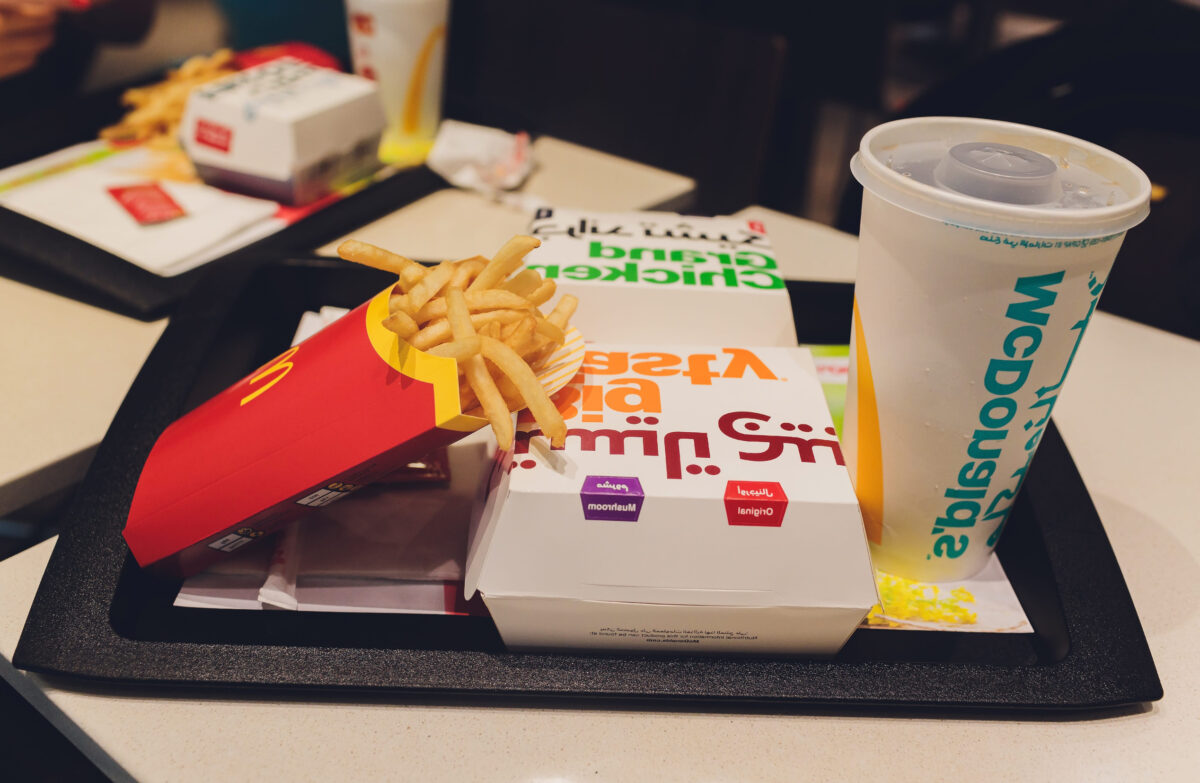 Dubai, UAE - Circa September, 2019: The Dubai Mc Donalds Signature beef burger with mushroom meal set at the Dubai International Airport.