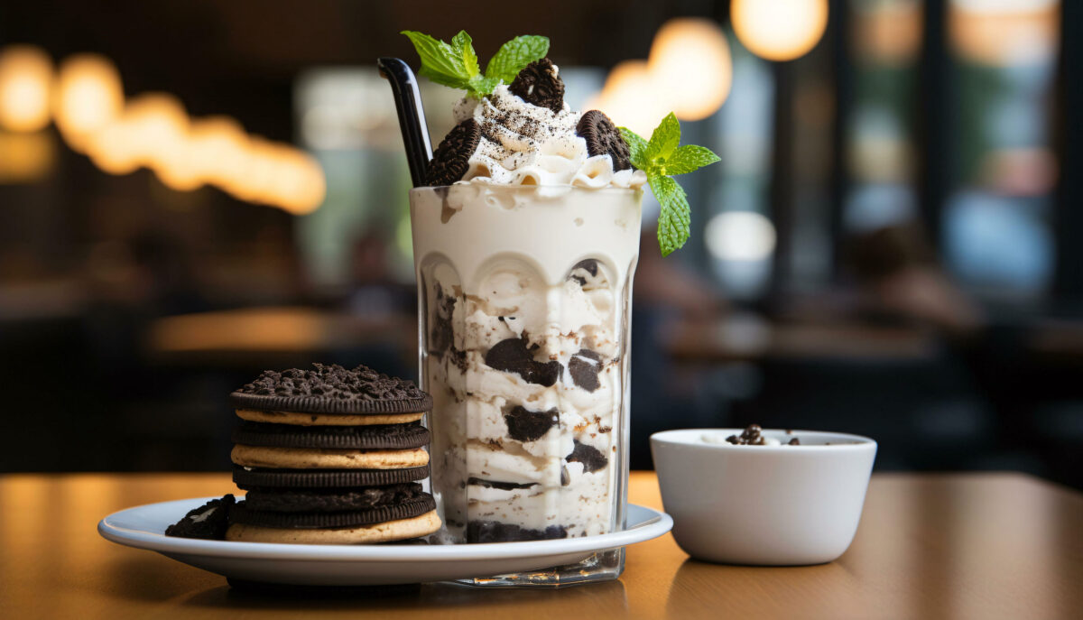 Close-up of a decadent Oreo milkshake topped with whipped cream and cookies, served with a side of Oreo cookies in a stylish cafe setting.