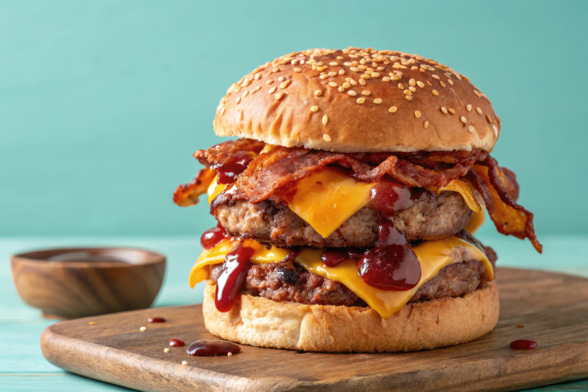 Savor a towering bacon double cheeseburger featuring juicy patties, melted cheese, and crispy bacon, generously drizzled with barbecue sauce, served on a rustic wooden board.