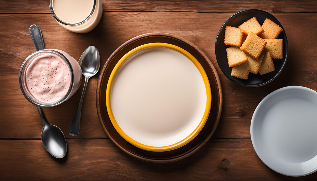 Top view of a breakfast table setting with a glass of milk, a bowl of yogurt, and a plate of crackers. The table is made of wood and is a rustic brown color. The food is fresh and looks delicious.