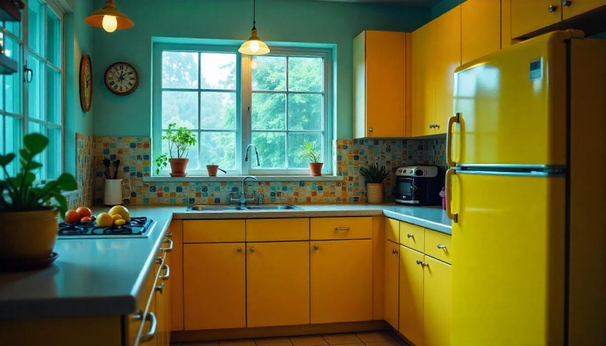 Bright yellow kitchen with retro refrigerator and aqua walls