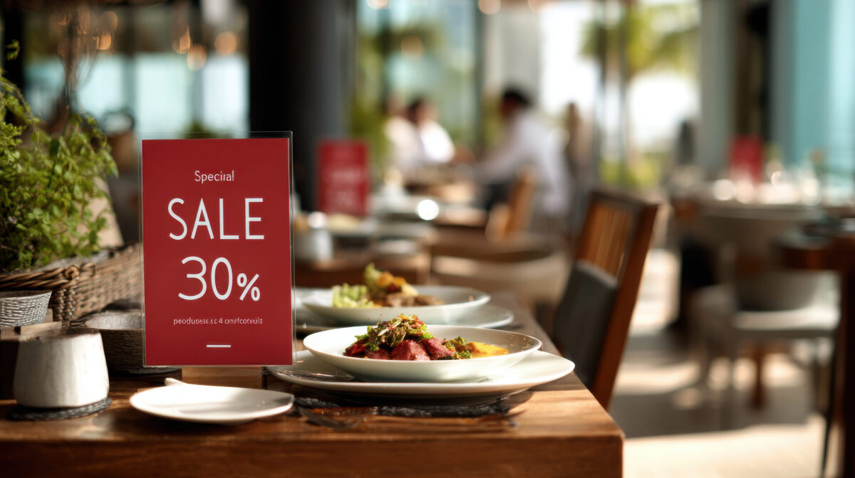 Plated dish beside sale sign on casual restaurant table setting.