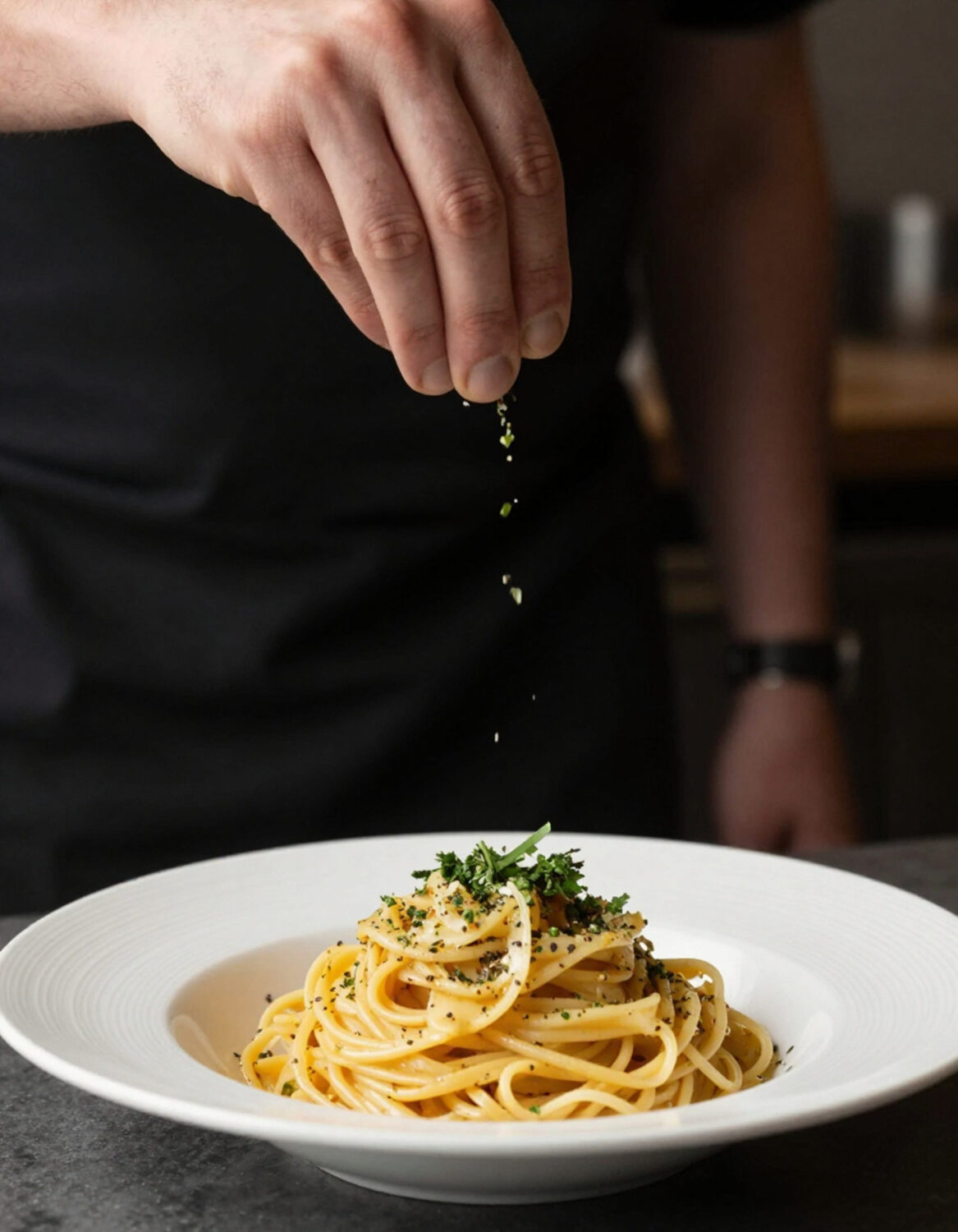 Chef sprinkling olive oil on spaghetti with parsley, closeup